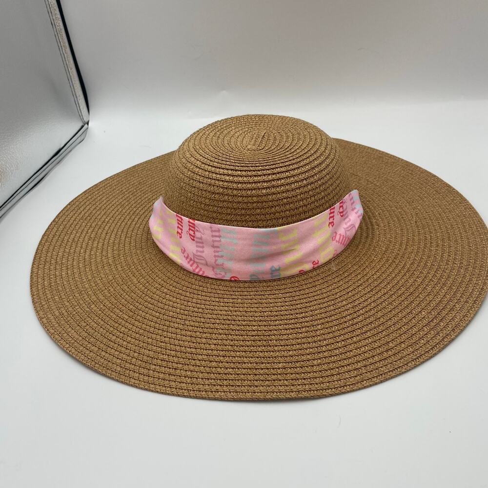 Juicy Couture Beach Sun Hat Vacation Resort Straw Floppy Hat Pink Ribbon Logo